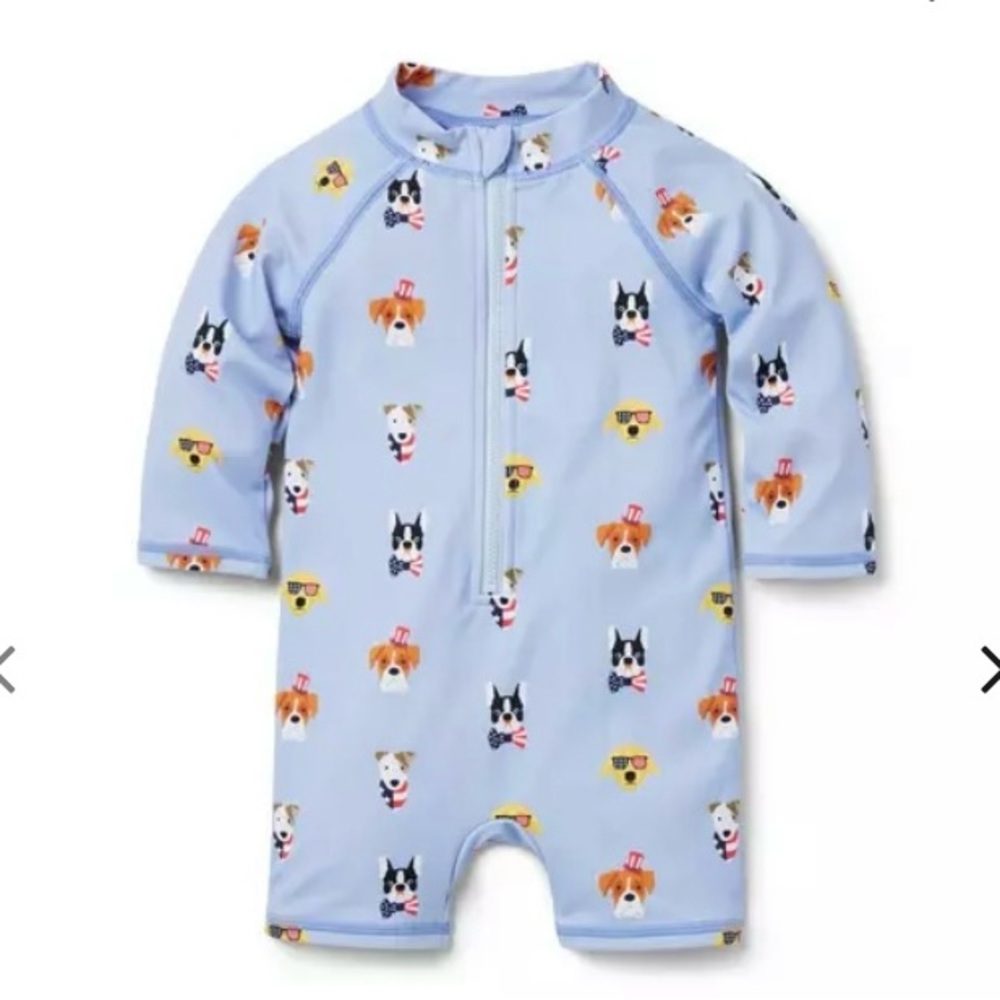 Janie and Jack Americana Baby Swimsuit Rashguard, EUC Size 18-24 mos, Cute Dogs!